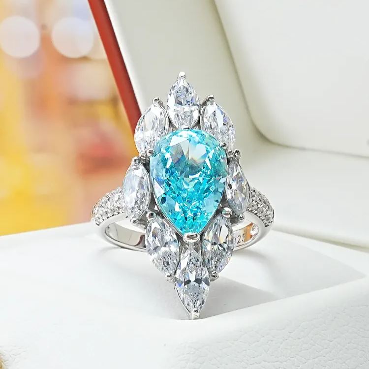 4Ct Aquamarine Blue Pear Cut Marquise Setting Luxury Ring-Sterling Silver-lornajewelry