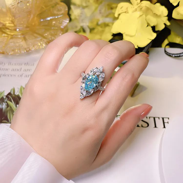 4Ct Aquamarine Blue Pear Cut Marquise Setting Luxury Ring-Sterling Silver-lornajewelry
