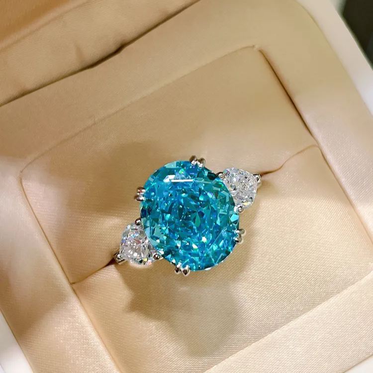 4.5Ct Aquamarine Blue Oval Cut Three-Stone Pave Setting Classic Style Ring-Sterling Silver-lornajewelry