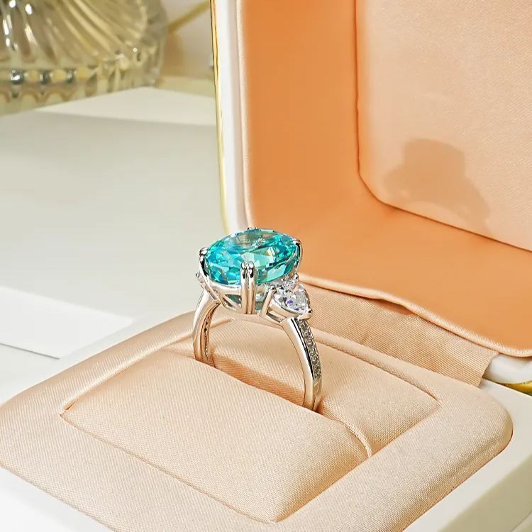 4.5Ct Aquamarine Blue Oval Cut Three-Stone Pave Setting Classic Style Ring-Sterling Silver-lornajewelry