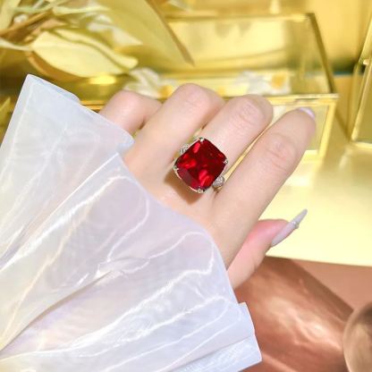 16Ct Ruby Cushion Cut Leaf Motif Vintage Style Ring-Sterling Silver-lornajewelry