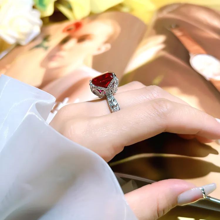 16Ct Ruby Cushion Cut Leaf Motif Vintage Style Ring-Sterling Silver-lornajewelry