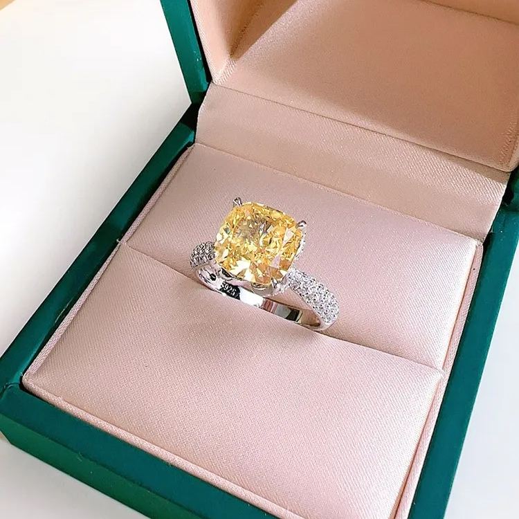 3.5Ct Yellow Cushion Cut Pave Setting Ring-Sterling Silver-lornajewelry