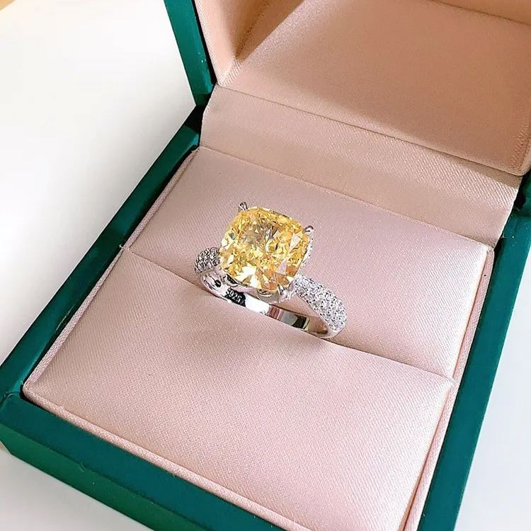 3.5Ct Yellow Cushion Cut Pave Setting Ring-Sterling Silver-lornajewelry