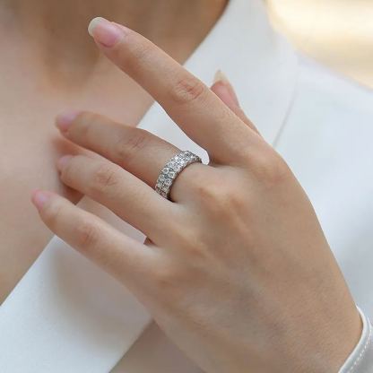 Moissanite Double Row Pave Half Eternity Wedding Band Ring-Sterling Silver-lornajewelry
