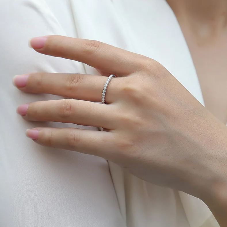 Moissanite Pave Full Eternity Wedding Band Stackable Ring-Sterling Silver-lornajewelry