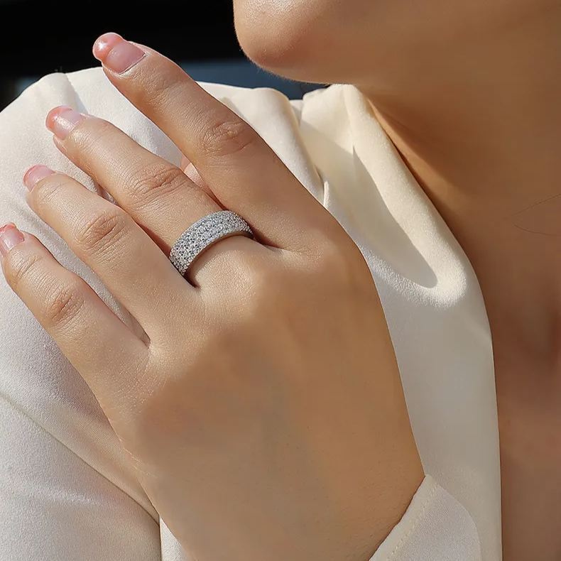 Moissanite Quadruple Row Pave Half Eternity Wedding Band Ring-Sterling Silver-lornajewelry