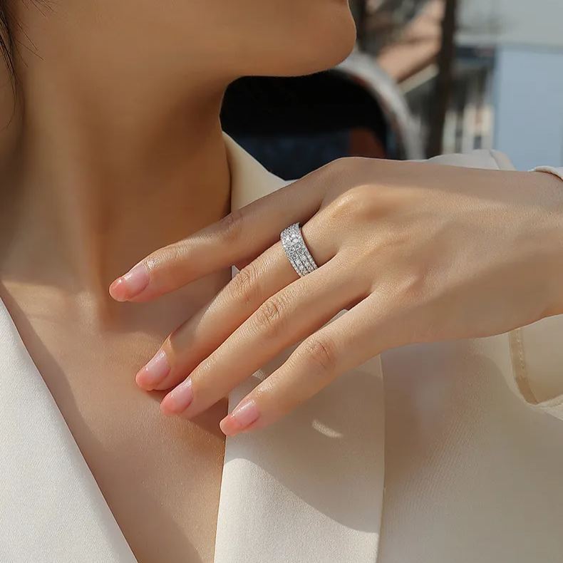 Moissanite Quadruple Row Pave Half Eternity Wedding Band Ring-Sterling Silver-lornajewelry