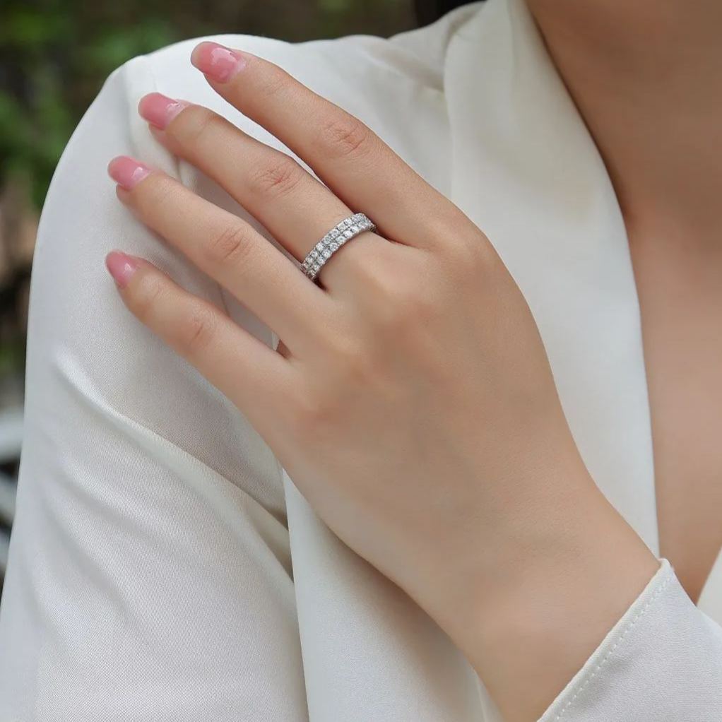 Moissanite Double Row Pave Full Eternity Wedding Band Stackable Ring-Sterling Silver-lornajewelry