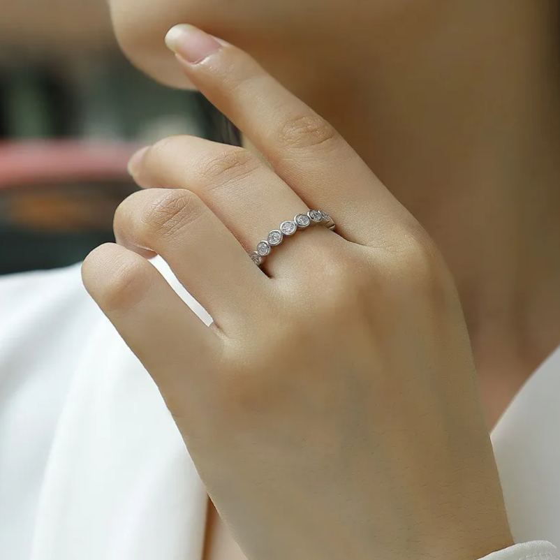 Moissanite Milgrain Bezel Set Full Eternity Wedding Band Stackable Ring-Sterling Silver-lornajewelry