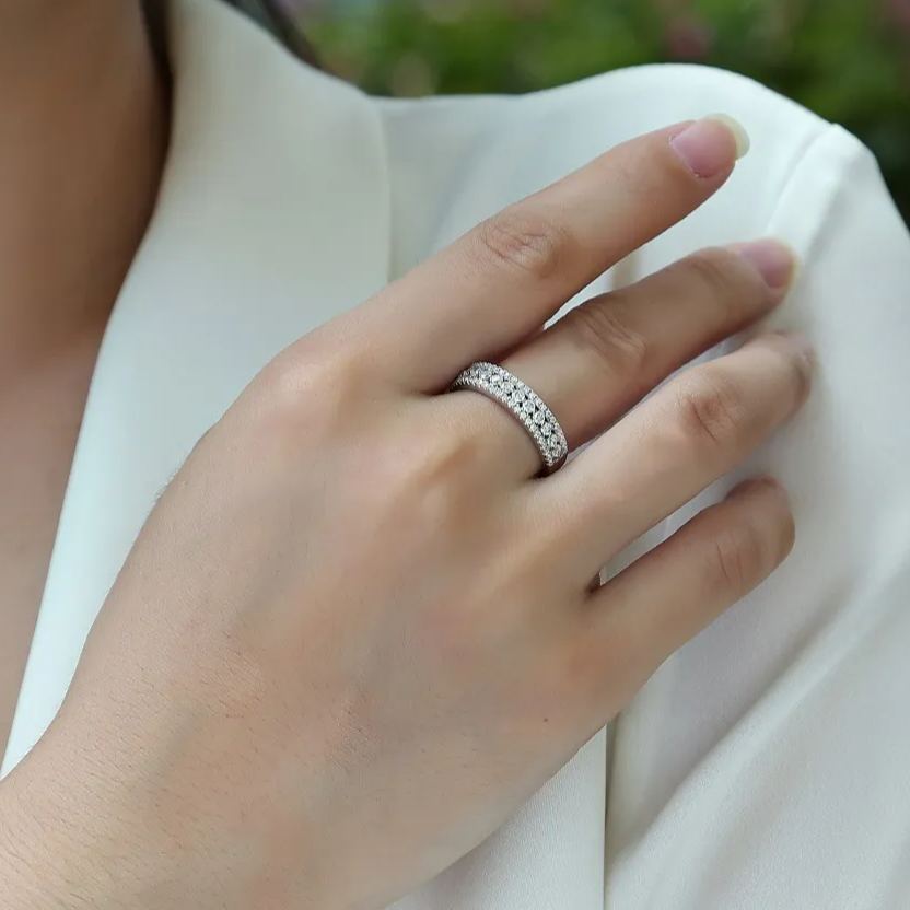 Moissanite Round Cut Half Eternity Wedding Band Stackable Ring-Sterling Silver-lornajewelry