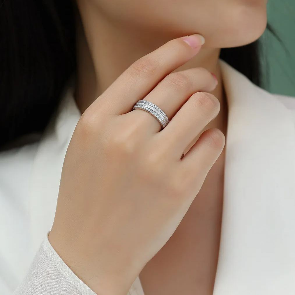 Moissanite Emerald Cut and Round Cut Triple Row Channel Setting Band Stackable Ring-Sterling Silver-lornajewelry