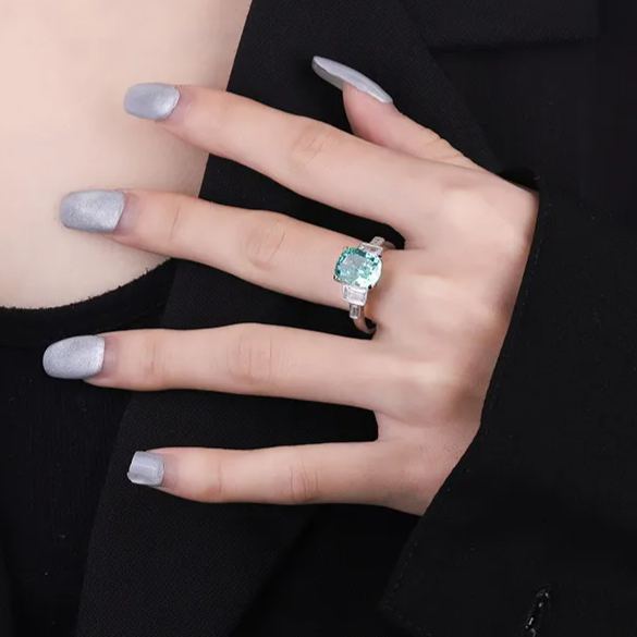 4Ct Green Cushion Cut Baguette Side Stone Setting Ring-Sterling Silver-lornajewelry