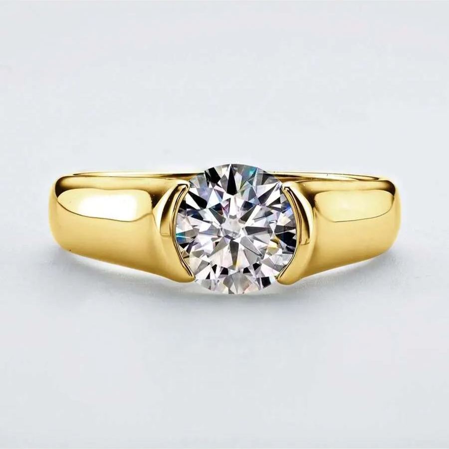 1Ct/2Ct/3Ct Moissanite Solitaire Half Bezel Set Sterling Silver Engagement Ring