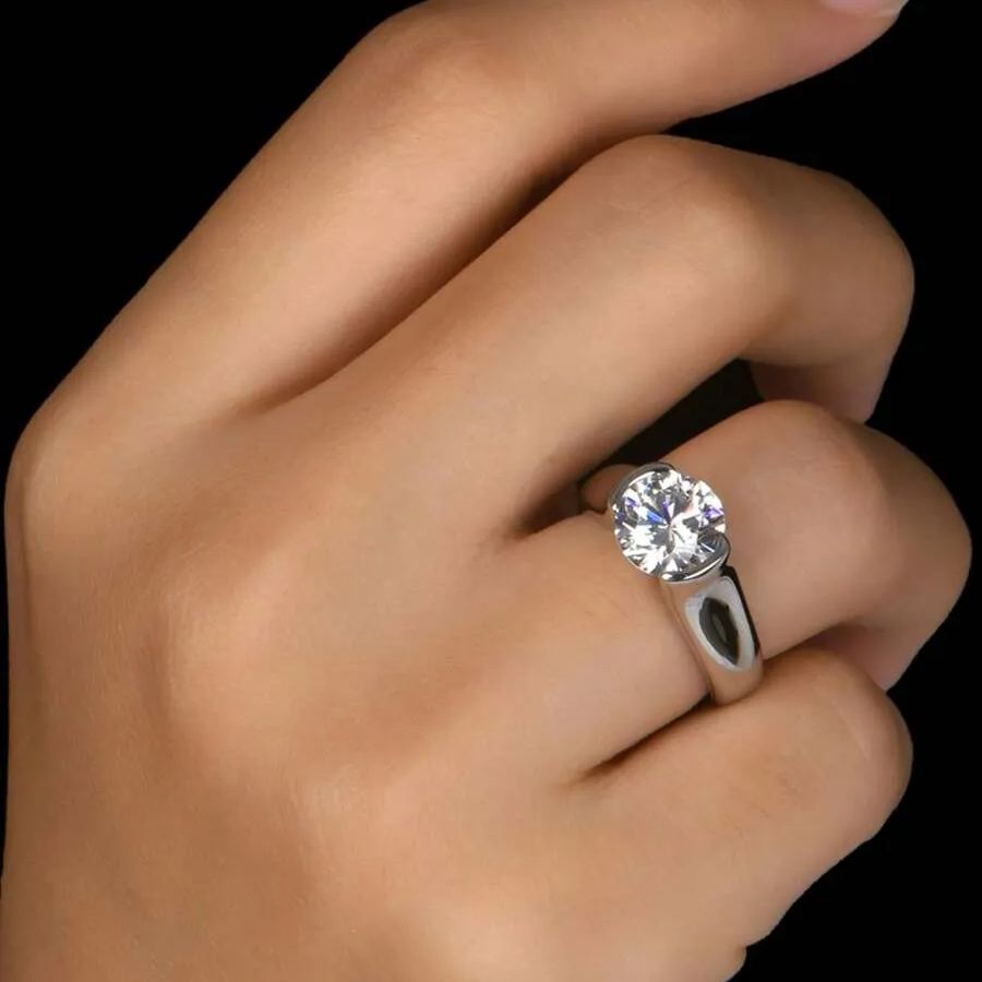 1Ct/2Ct/3Ct Moissanite Solitaire Half Bezel Set Sterling Silver Engagement Ring