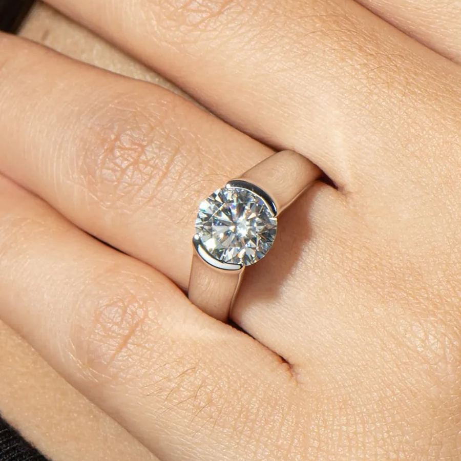 1Ct/2Ct/3Ct Moissanite Solitaire Half Bezel Set Sterling Silver Engagement Ring