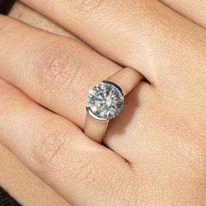 1Ct/2Ct/3Ct Moissanite Solitaire Half Bezel Set Sterling Silver Engagement Ring