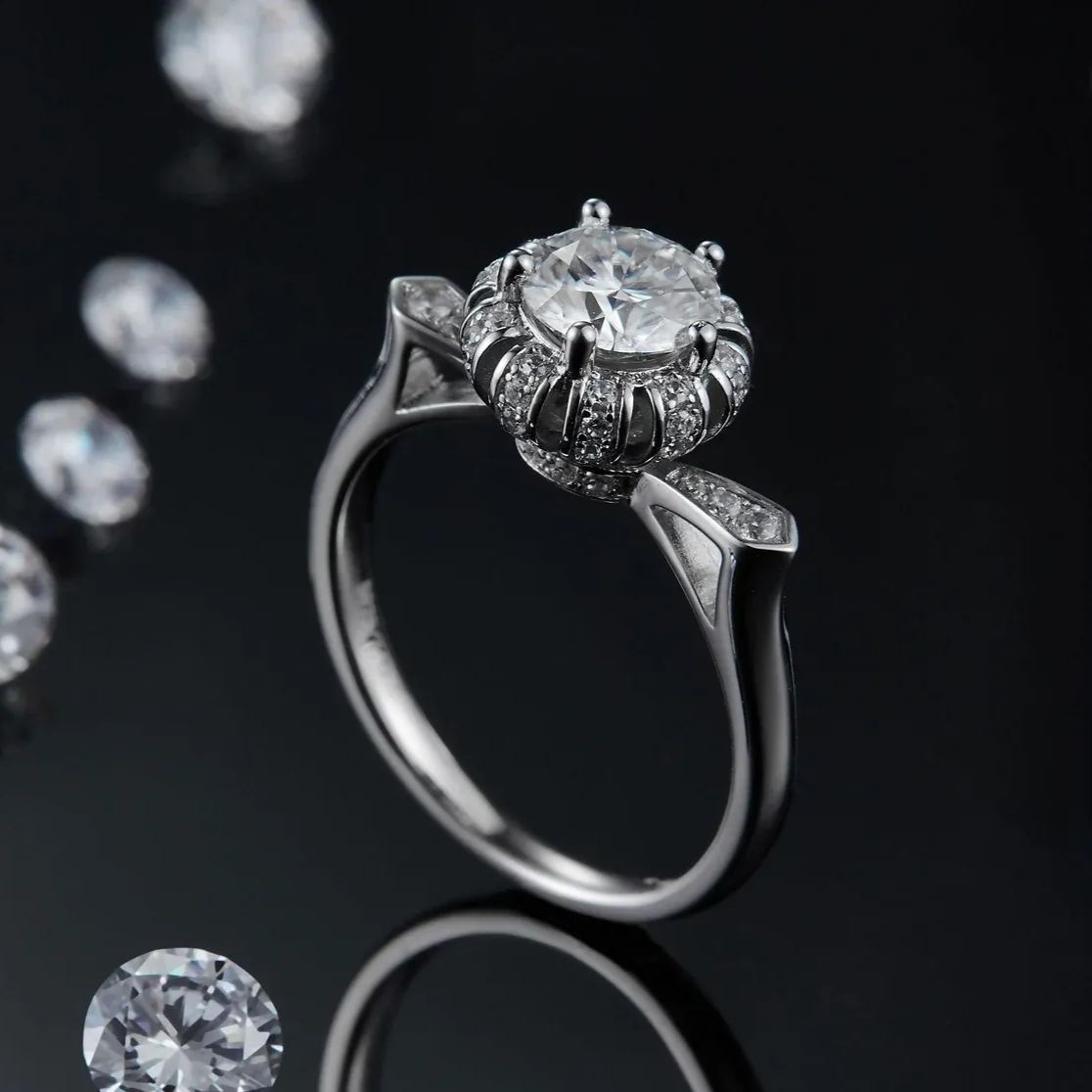 1Ct Moissanite Rolled Petals Halo Cat Engagement Ring