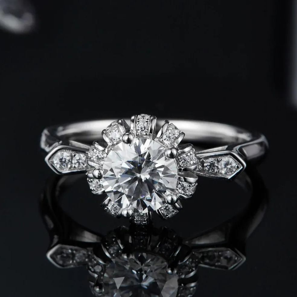 1Ct Moissanite Rolled Petals Halo Cat Engagement Ring