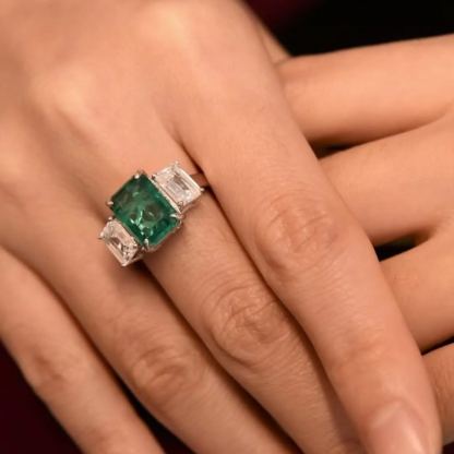4Ct Emerald Cut Green Three-Stone Engagement Ring For Women In Sterling Silver
