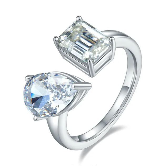 2Ct+1.5Ct Moissanite Pear & Emerald Cut Double Stones Design Engagement Ring