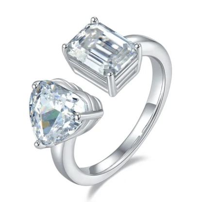 2Ct+1.5Ct Moissanite Heart & Emerald Cut Double Stones Design Engagement Ring