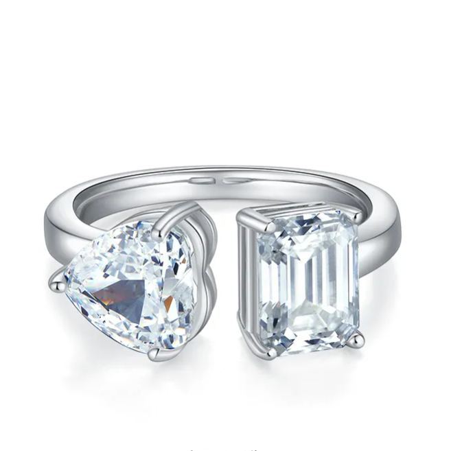 2Ct+1.5Ct Moissanite Heart & Emerald Cut Double Stones Design Engagement Ring
