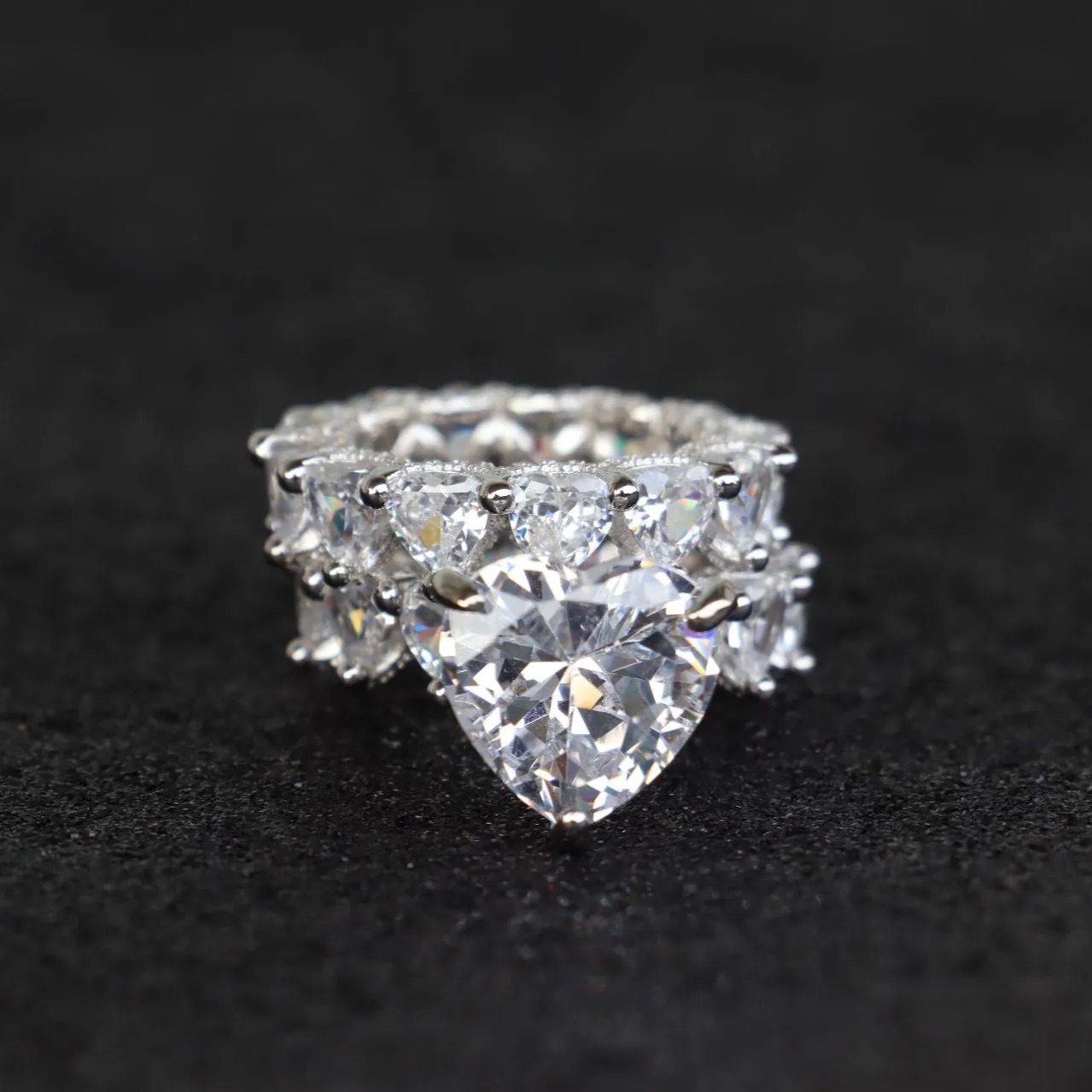 7Ct Heart-Shaped Full Pave Row Fashionable Design Wedding Ring Set In Sterling Silver