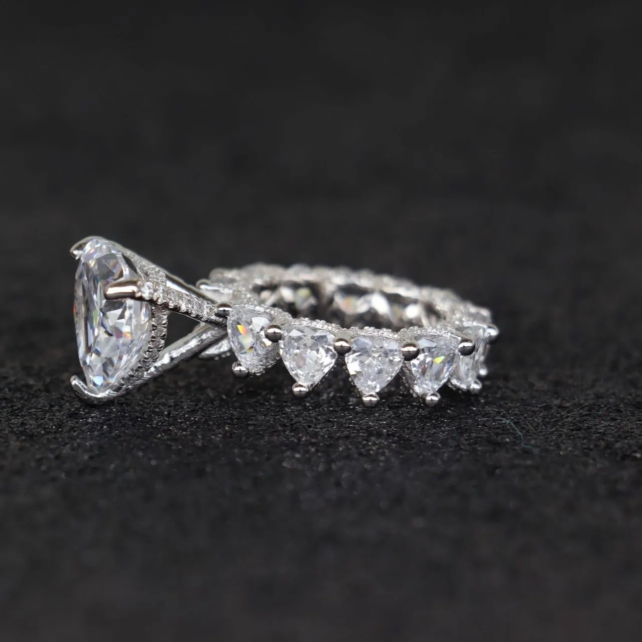 7Ct Heart-Shaped Full Pave Row Fashionable Design Wedding Ring Set In Sterling Silver