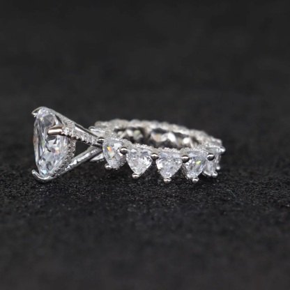 7Ct Heart-Shaped Full Pave Row Fashionable Design Wedding Ring Set In Sterling Silver