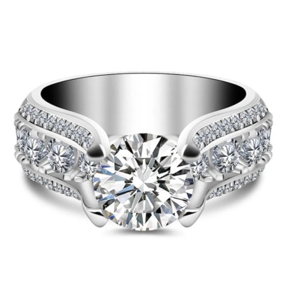 2Ct Round Cut Large Side Stone Engagement Ring in Sterling Silver