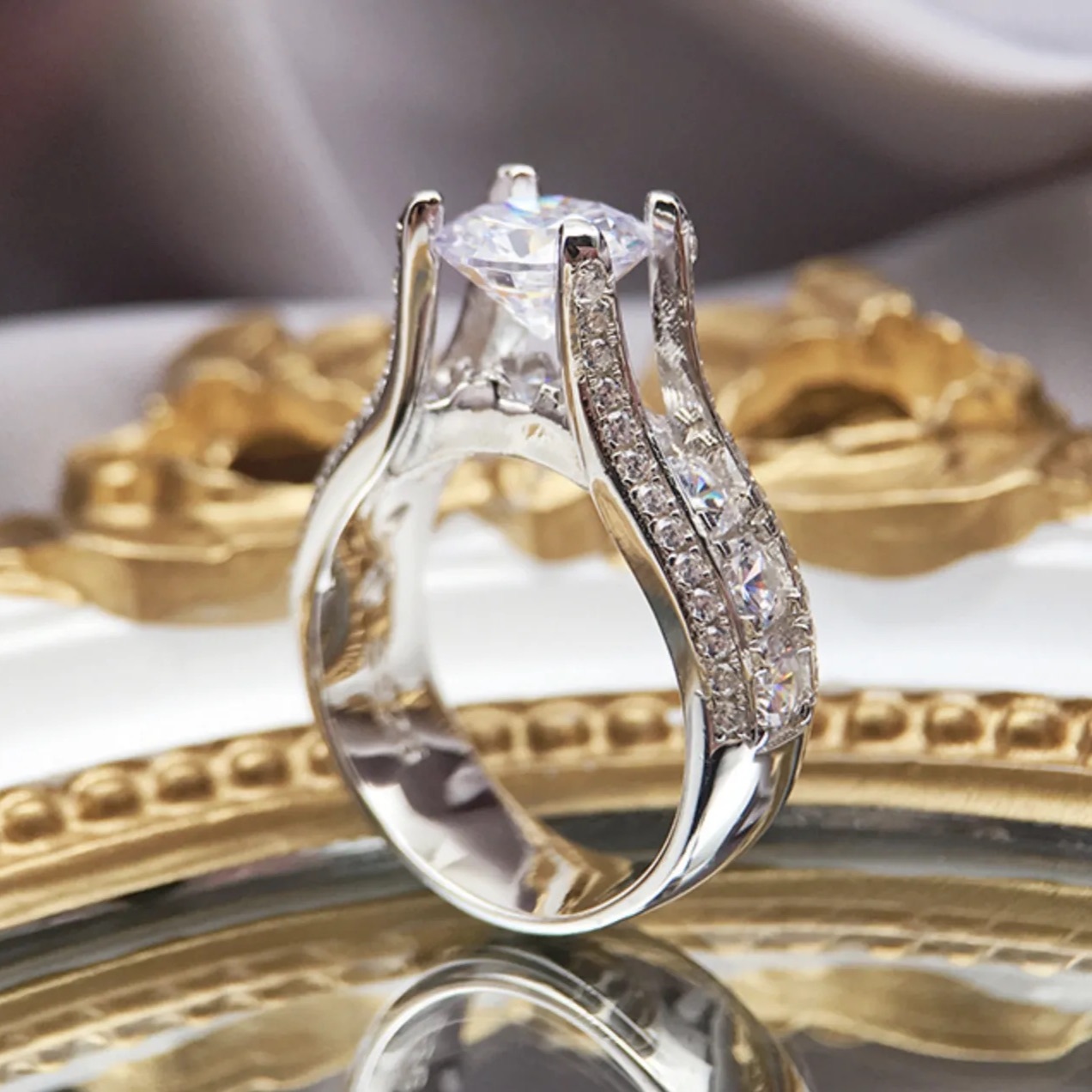 2Ct Round Cut Large Side Stone Engagement Ring in Sterling Silver