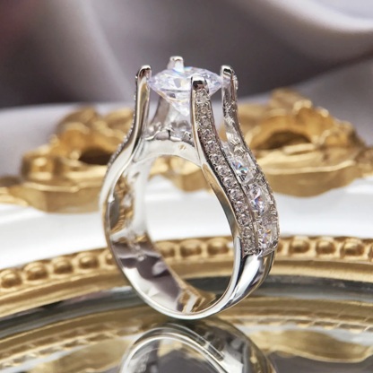 2Ct Round Cut Large Side Stone Engagement Ring in Sterling Silver