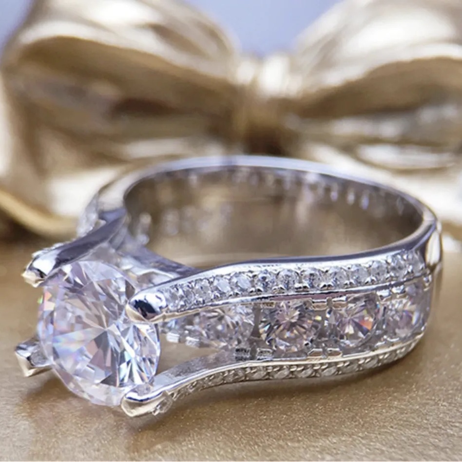 2Ct Round Cut Large Side Stone Engagement Ring in Sterling Silver