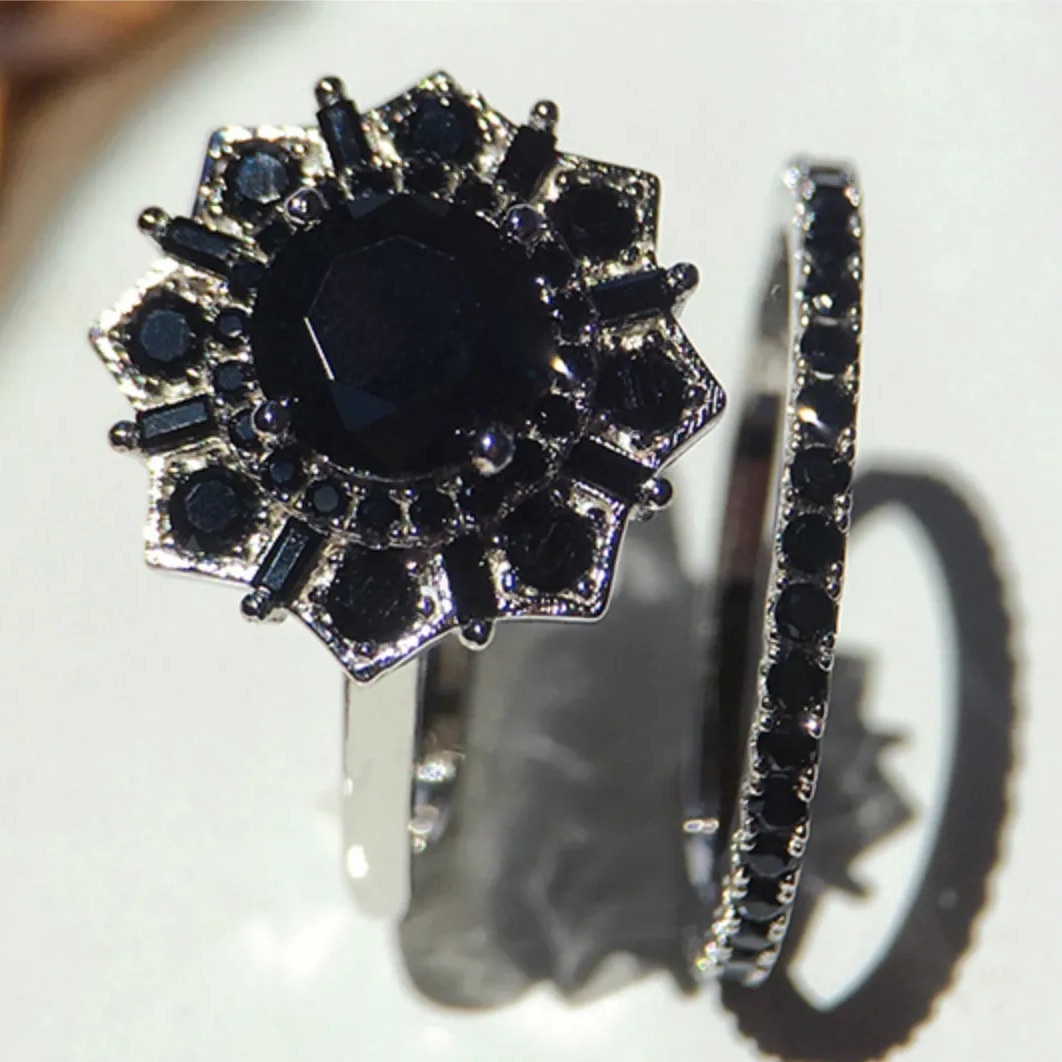 1.5Ct Black Stone Double Halo Starburst Wedding Ring Set in Sterling Silver-Sterling Silver-lornajewelry