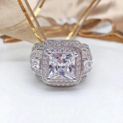 3Ct Luxurious Vintage Princess Cut Halo Side Stone Wedding Ring Set in Sterling Silver
