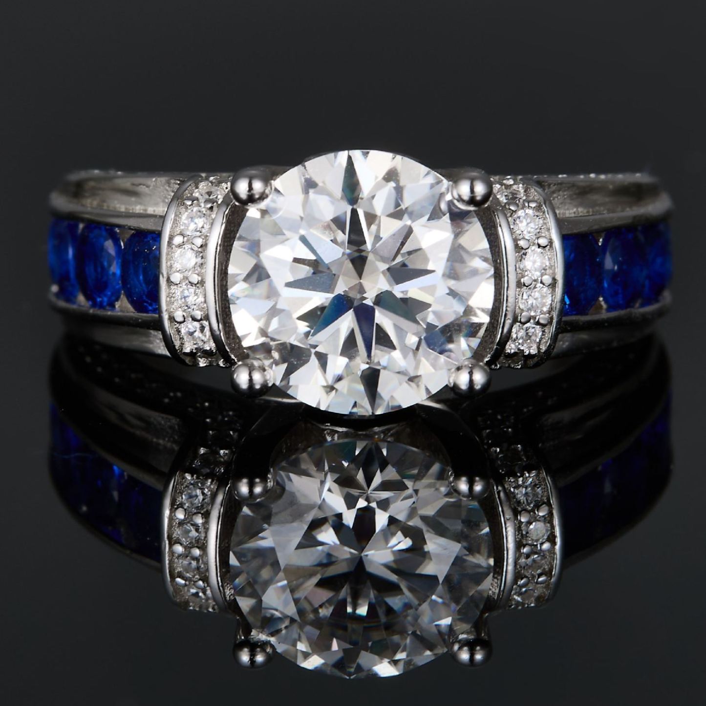 [Copy]3Ct Round Cut Moissanite Tri-Color Pave Setting Sterling Silver Engagement Ring