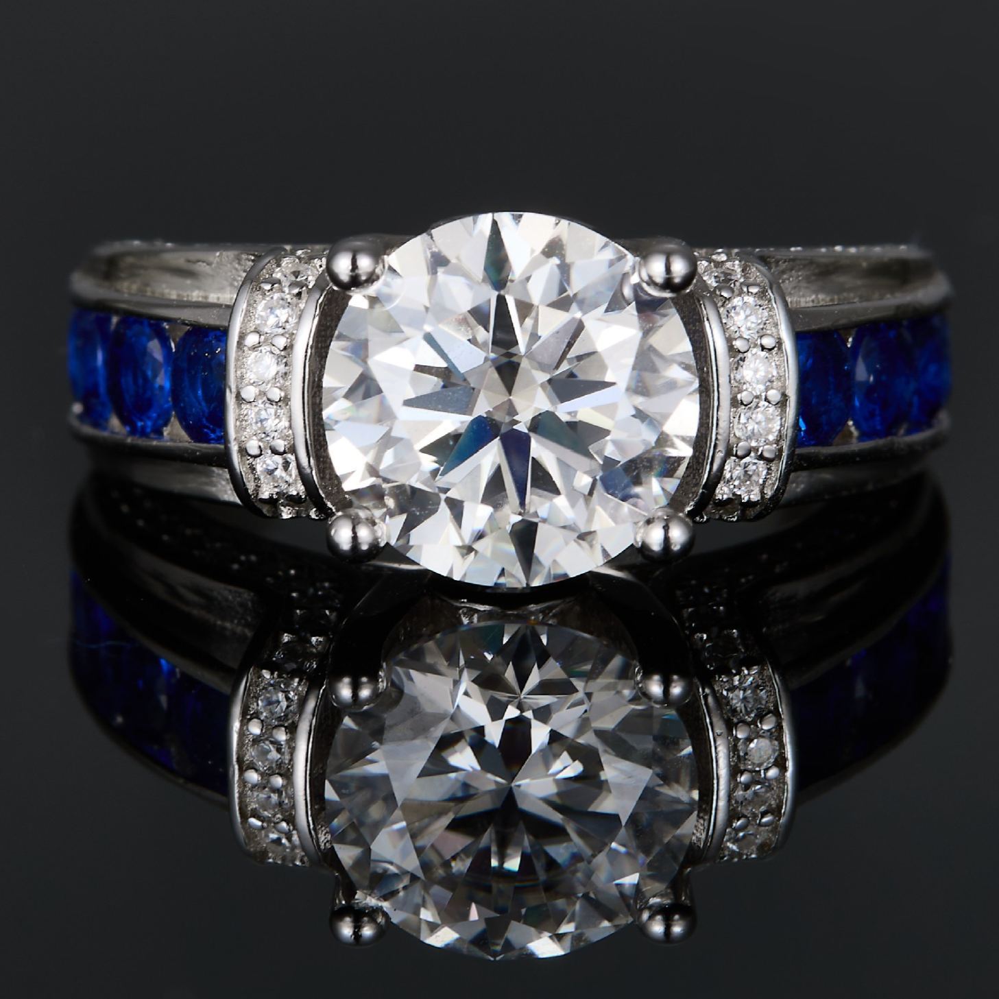 [Copy]3Ct Round Cut Moissanite Tri-Color Pave Setting Sterling Silver Engagement Ring