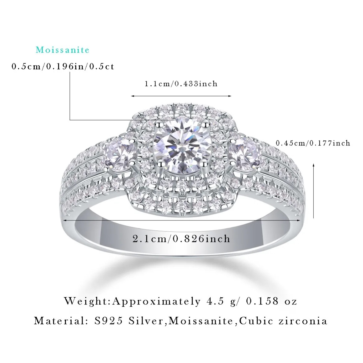 0.5Ct Moissanite Double Halo Triple Row Pavé Band Sterling Silver Engagement Ring-Sterling Silver-lornajewelry