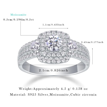 0.5Ct Moissanite Double Halo Triple Row Pavé Band Sterling Silver Engagement Ring-Sterling Silver-lornajewelry