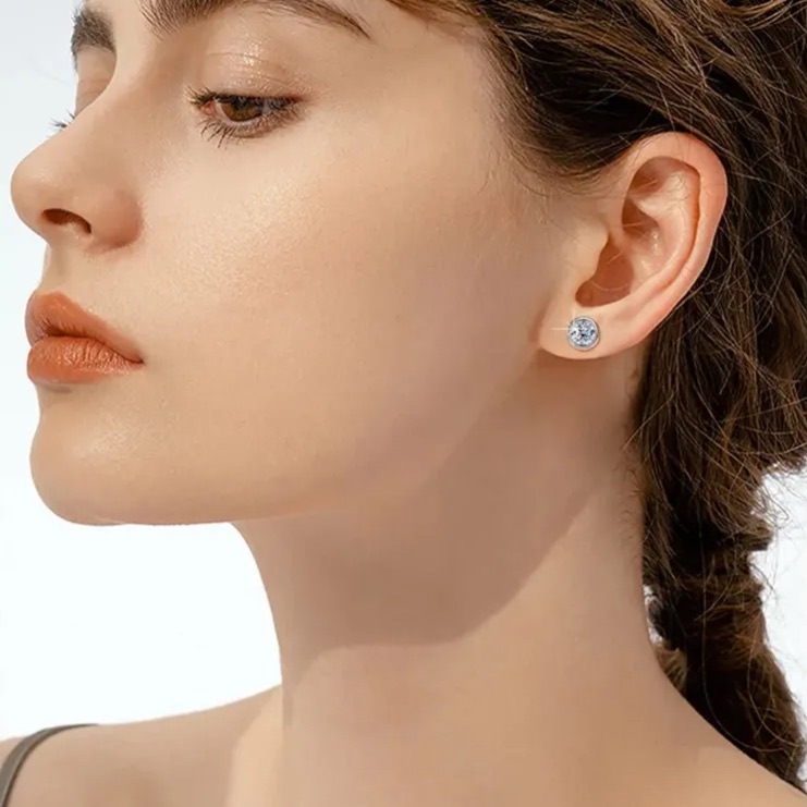 1Ct/2CT Moissanite Classic Round Bezel-Set Solitaire Stud Earrings in Sterling Silver