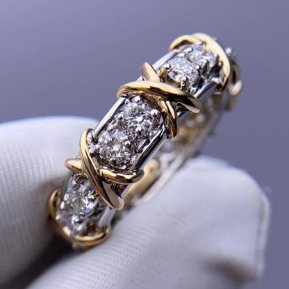 Moissanite Round Cut Yellow Gold X Prong Setting Band
