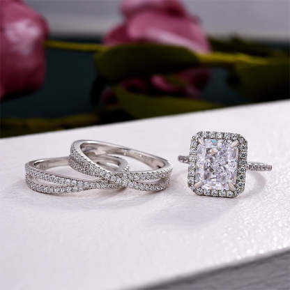 Luxurious Halo Radiant Cut  Wedding Ring Set In Sterling Silver-Sterling Silver-lornajewelry