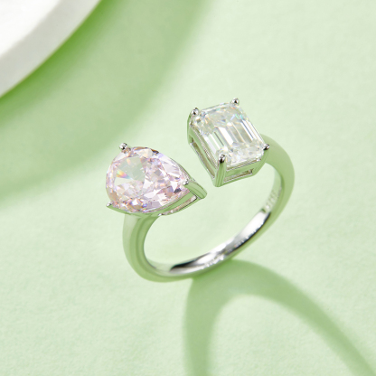 2Ct+1.5Ct Moissanite Pear & Emerald Cut Double Stones Design Engagement Ring