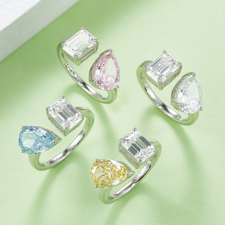 2Ct+1.5Ct Moissanite Pear & Emerald Cut Double Stones Design Engagement Ring