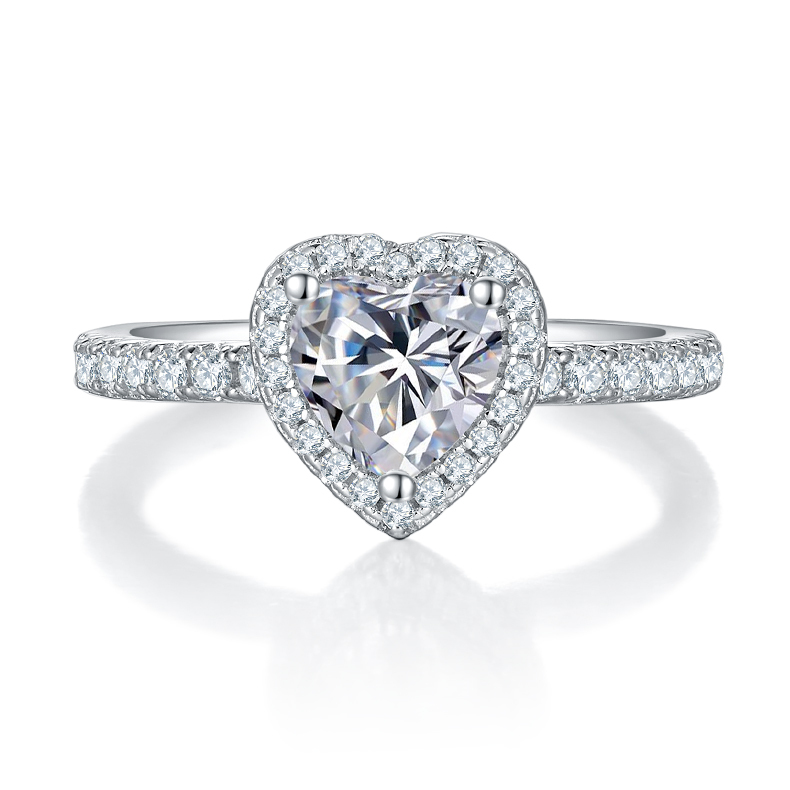 1Ct Moissanite Classic  Heart Cut Halo Engagement Ring-Sterling Silver-lornajewelry