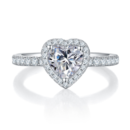 1Ct Moissanite Classic  Heart Cut Halo Engagement Ring-Sterling Silver-lornajewelry