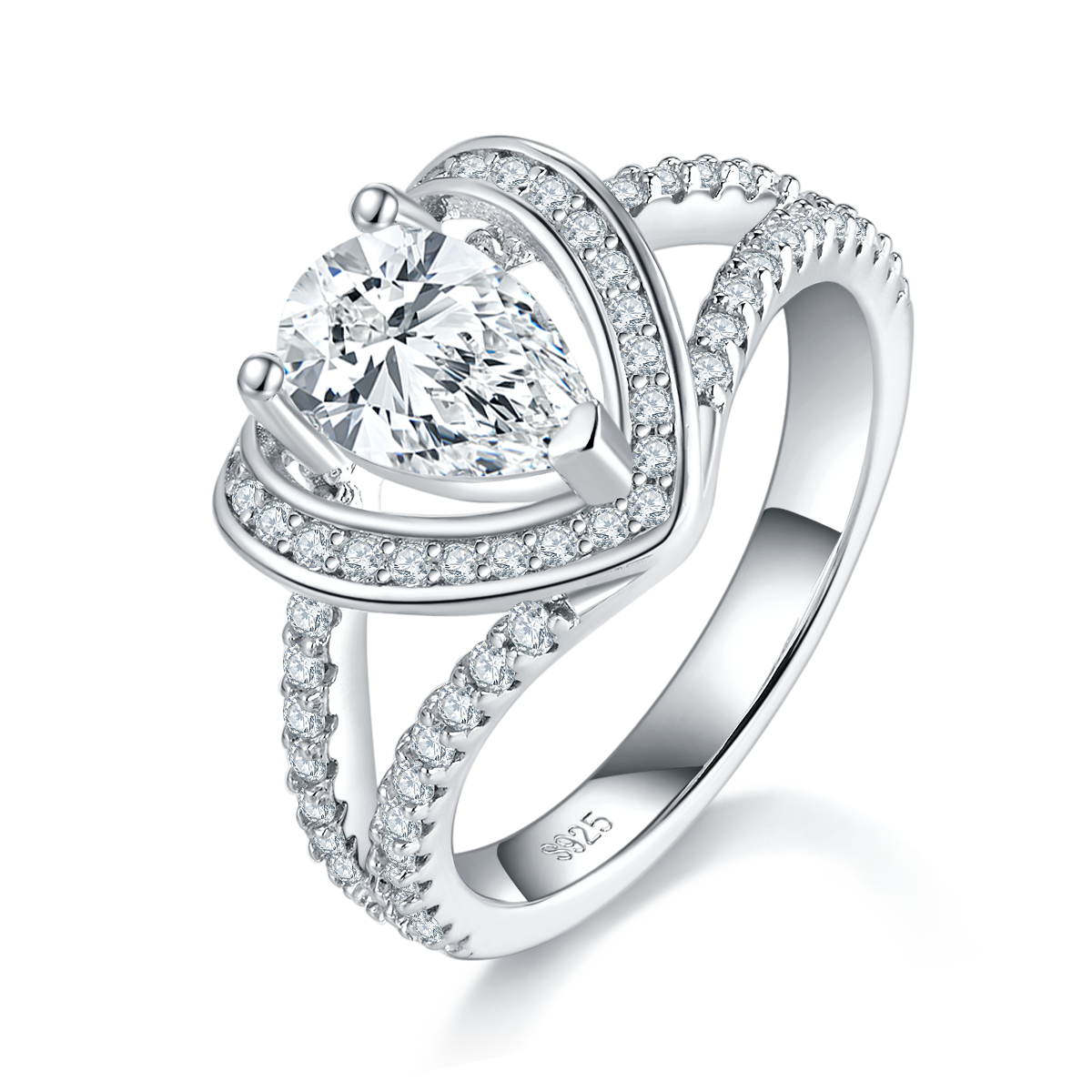 1Ct Moissanite Pear Cut Split Shank Elegant Design Engagement Ring in Sterling Silver