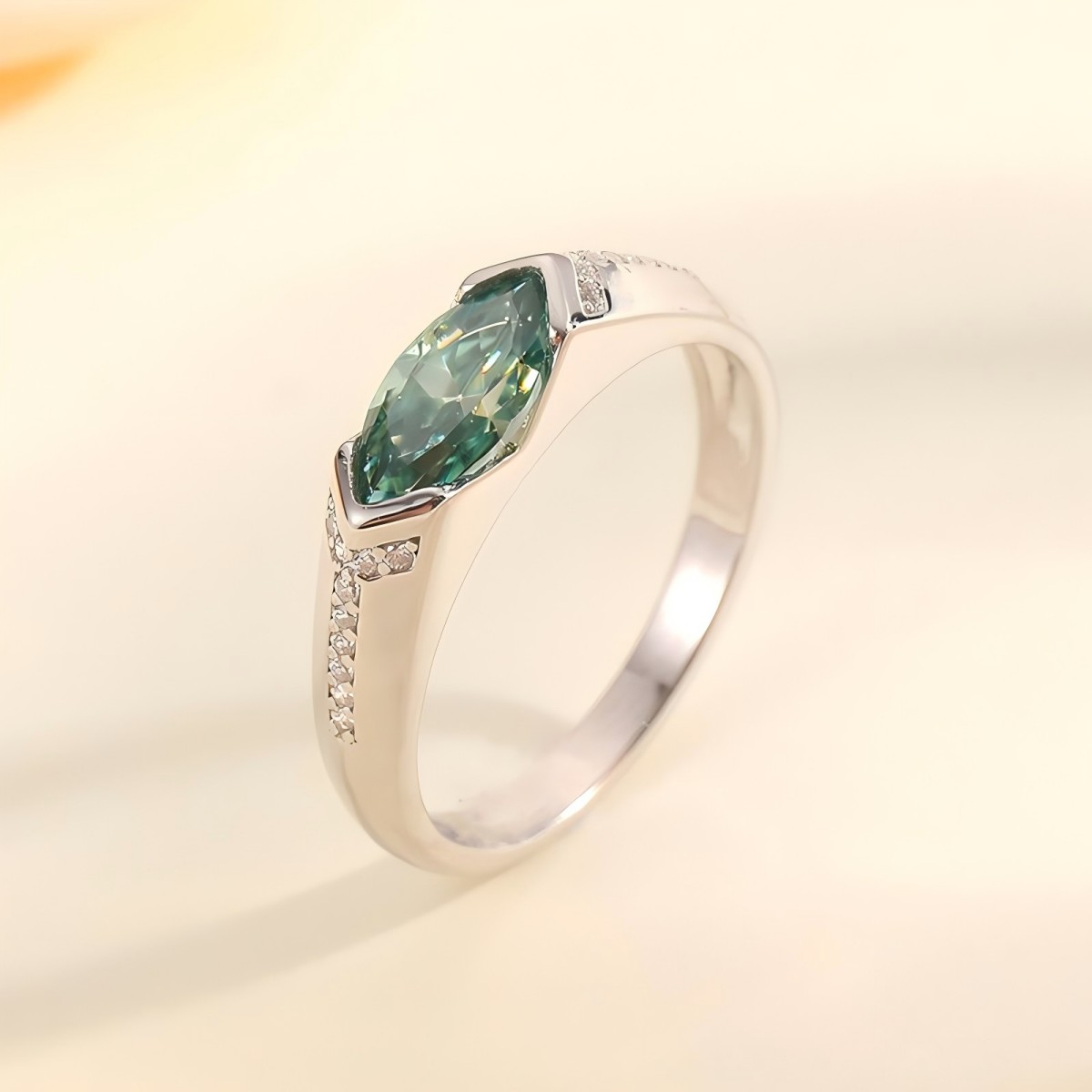 1Ct Green Moissanite Marquise Cut Bezel Romantic Design Engagement Ring in Sterling Silver-Sterling Silver-lornajewelry