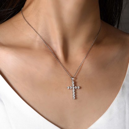Moissanite Cross Design Pendant Necklace in Sterling Silver-Sterling Silver-lornajewelry